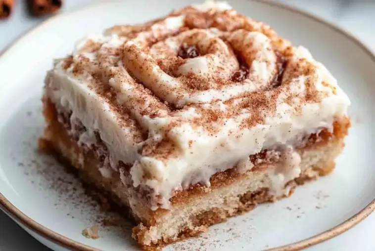 A thick slice of cinnamon roll cake topped with creamy glaze and cinnamon sugar, showing its moist layers and cinnamon swirl on a white plate.