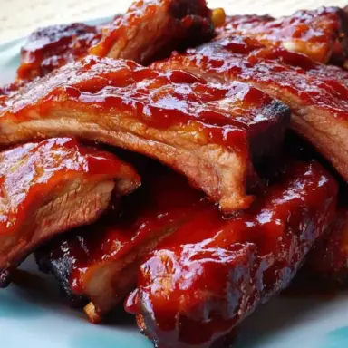 Close-up of juicy Coca Cola BBQ ribs stacked on a plate, glazed with a sticky, sweet Coca Cola BBQ sauce