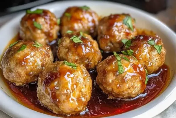 Close-up of juicy cocktail meatballs glazed with a sweet and tangy sauce, served on a white plate and garnished with fresh herbs.