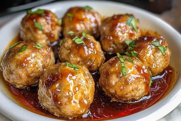 Close-up of juicy cocktail meatballs glazed with a sweet and tangy sauce, served on a white plate and garnished with fresh herbs.