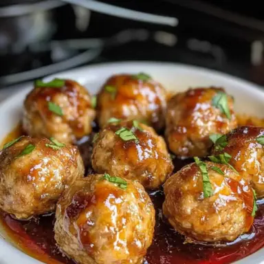 A plate of glistening cocktail meatballs coated in sweet and tangy sauce, garnished with chopped herbs, served as a party appetizer.