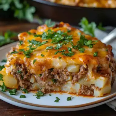 A thick, hearty slice of cowboy meatloaf and potato casserole on a white plate, layered with ground beef, mashed potatoes, melted cheddar cheese, and garnished with fresh parsley.