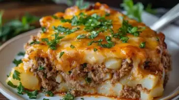 Close-up of a slice of cowboy meatloaf and potato casserole topped with melted cheddar cheese and parsley, showing layers of ground beef and diced potatoes on a white plate.