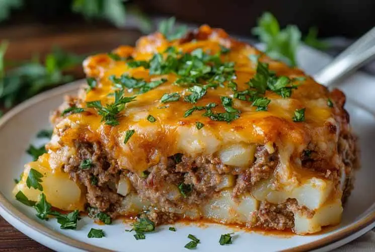 Close-up of a slice of cowboy meatloaf and potato casserole topped with melted cheddar cheese and parsley, showing layers of ground beef and diced potatoes on a white plate.