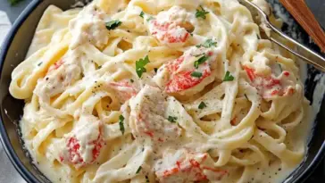 Bowl of creamy Crab Fettuccine Alfredo featuring fettuccine noodles tossed in Alfredo sauce with chunks of crab meat and garnished with parsley.