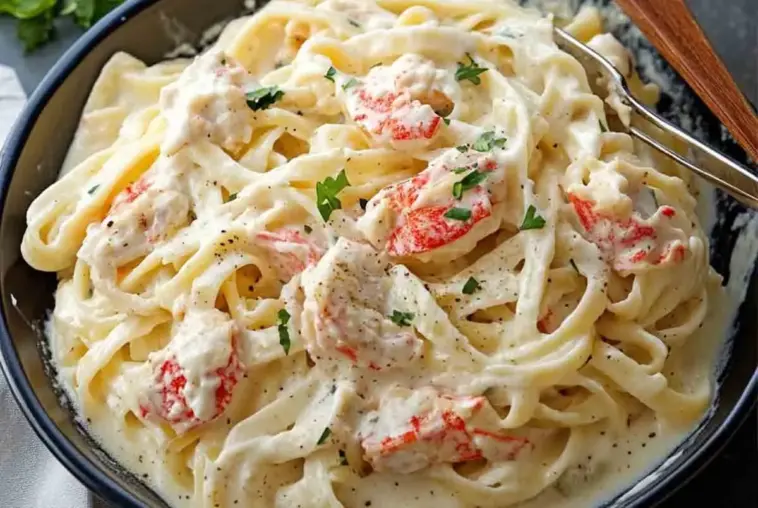 Bowl of creamy Crab Fettuccine Alfredo featuring fettuccine noodles tossed in Alfredo sauce with chunks of crab meat and garnished with parsley.