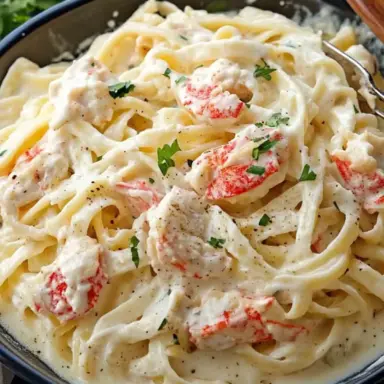 Close-up of creamy Crab Fettuccine Alfredo topped with tender crab meat, freshly cracked black pepper, and parsley, served in a black bowl.