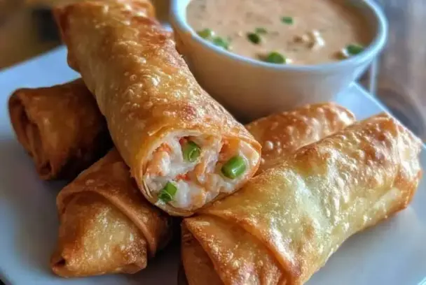 Stack of crispy crab rangoon egg rolls filled with cream cheese, crab, and green onions, served with a creamy dipping sauce in a white bowl.