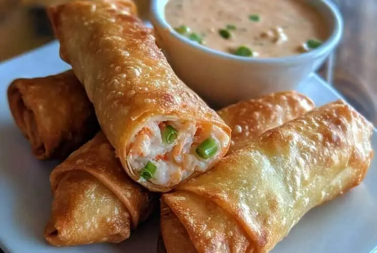 Stack of crispy crab rangoon egg rolls filled with cream cheese, crab, and green onions, served with a creamy dipping sauce in a white bowl.