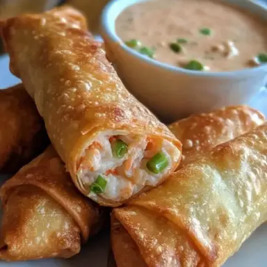 Close-up of golden brown crab rangoon egg rolls with creamy crab and green onion filling, served with dipping sauce in a white bowl—perfect for party appetizers or snacks.