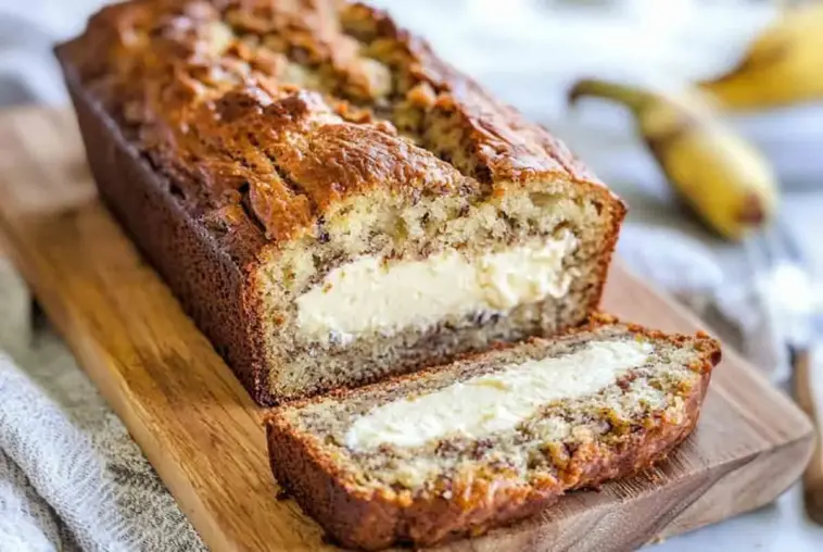 A loaf of cream cheese filled banana bread on a wooden board, sliced to reveal a thick, creamy filling inside a moist, golden banana bread.