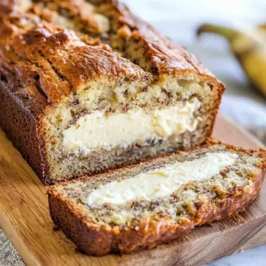 Close-up of sliced cream cheese filled banana bread showing a rich, creamy center and golden crust on a wooden cutting board.