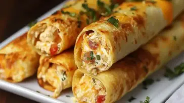 Stack of crispy cream cheese and chicken taquitos on a white plate, filled with shredded chicken, melted cheese, and bits of tomato, garnished with chopped parsley.