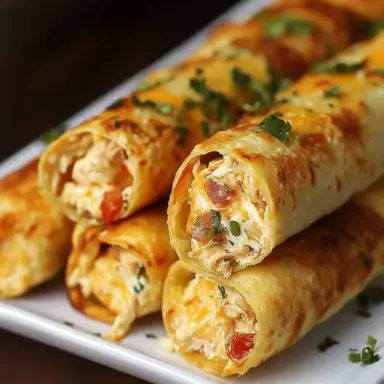 Close-up of crispy golden-brown chicken taquitos filled with shredded chicken, cream cheese, and melted cheese, served on a white rectangular plate and garnished with chopped herbs.