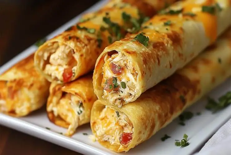 Stack of crispy cream cheese and chicken taquitos on a white plate, filled with shredded chicken, melted cheese, and bits of tomato, garnished with chopped parsley.