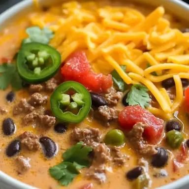 Close-up of creamy beef taco soup in a white bowl, topped with shredded cheddar cheese, sliced jalapeños, black beans, tomatoes, and fresh cilantro.