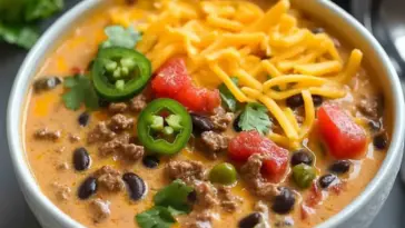 Overhead view of creamy beef taco soup in a white bowl, topped with cheddar cheese, jalapeño slices, tomatoes, black beans, and cilantro.