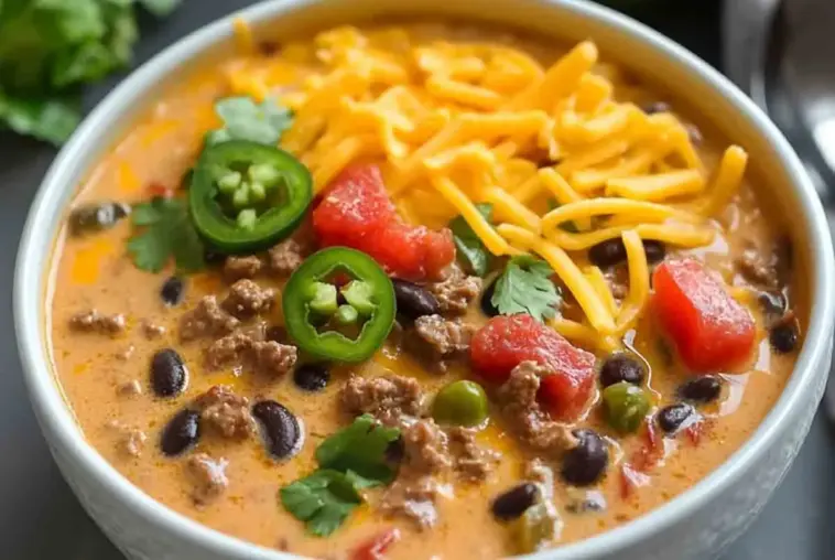 Overhead view of creamy beef taco soup in a white bowl, topped with cheddar cheese, jalapeño slices, tomatoes, black beans, and cilantro.