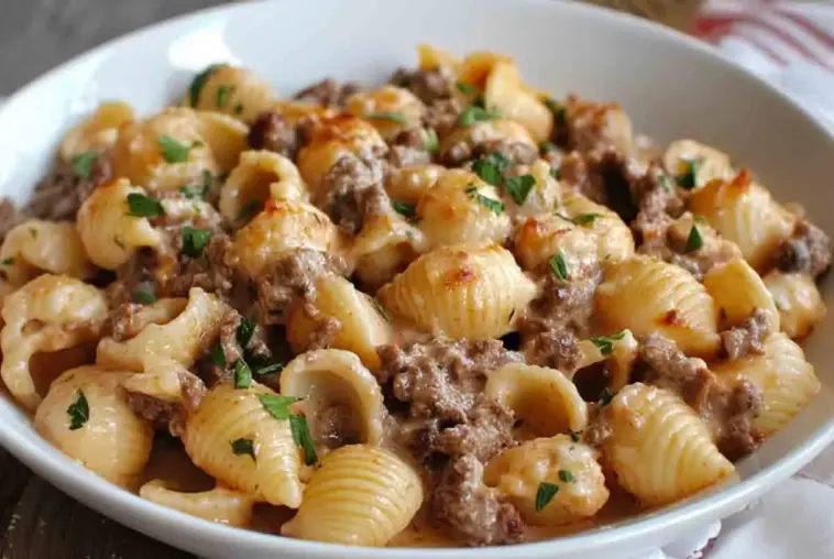 Creamy beef and shell pasta served in a white bowl, topped with melted cheese and garnished with fresh parsley—a rich and comforting homemade meal.