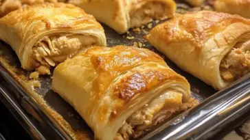 Golden brown Crescent Roll Chicken Bundles filled with creamy shredded chicken, baked on a sheet pan until perfectly flaky and crisp.