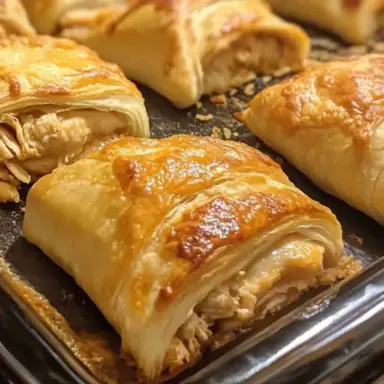 Golden brown Crescent Roll Chicken Bundles filled with creamy shredded chicken, baked on a sheet pan until perfectly flaky and crisp.