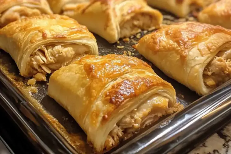Golden brown Crescent Roll Chicken Bundles filled with creamy shredded chicken, baked on a sheet pan until perfectly flaky and crisp.