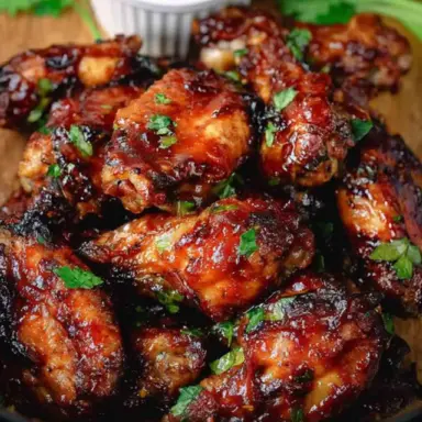 Close-up of sticky, saucy Crockpot BBQ chicken wings garnished with chopped parsley, served with a side of BBQ sauce in a white ramekin.