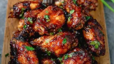 Sticky Crockpot BBQ chicken wings served on a wooden board, garnished with chopped parsley and paired with a side of barbecue sauce.