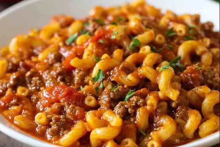 Hearty American goulash with elbow macaroni, ground beef, and tomato sauce served in a white bowl and garnished with chopped parsley.