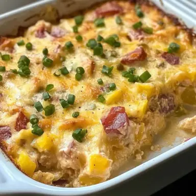 A golden-baked Farmers Casserole filled with melty cheese, diced ham, and colorful bell peppers, garnished with fresh green onions in a white casserole dish.