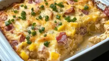 Close-up of a cheesy Farmers Casserole baked with diced ham, yellow bell peppers, and green onion garnish, in a white baking dish with a missing slice.