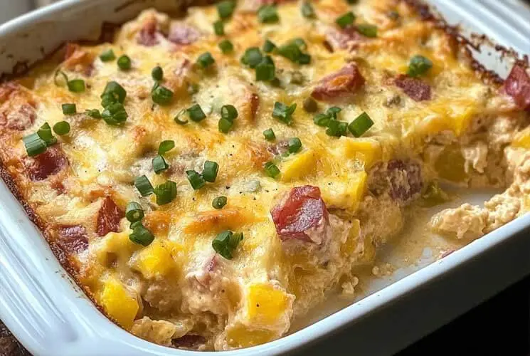 Close-up of a cheesy Farmers Casserole baked with diced ham, yellow bell peppers, and green onion garnish, in a white baking dish with a missing slice.
