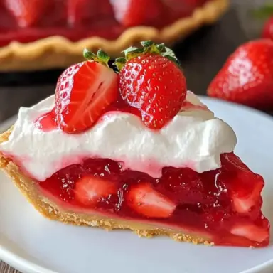 Close-up of a slice of fresh strawberry pie with a graham cracker crust, glossy strawberry filling, whipped cream topping, and fresh strawberries on top.