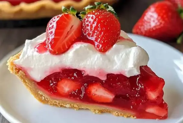 A slice of no-bake strawberry pie with a golden crust, glossy red strawberry filling, fluffy whipped cream, and fresh strawberries on top.