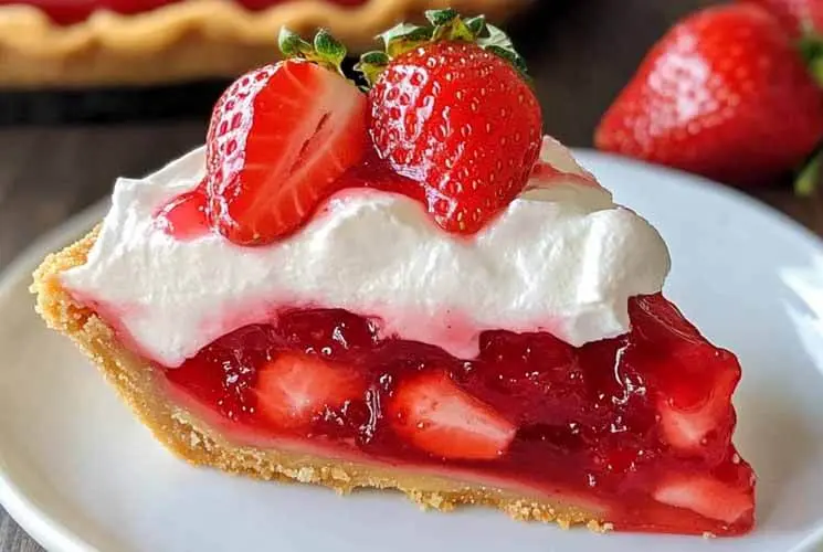 A slice of no-bake strawberry pie with a golden crust, glossy red strawberry filling, fluffy whipped cream, and fresh strawberries on top.