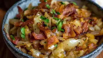 Close-up of a bowl filled with golden fried cabbage, crispy bacon, and caramelized onions, garnished with fresh herbs. A hearty Southern-style dish.