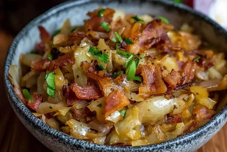 Close-up of a bowl filled with golden fried cabbage, crispy bacon, and caramelized onions, garnished with fresh herbs. A hearty Southern-style dish.