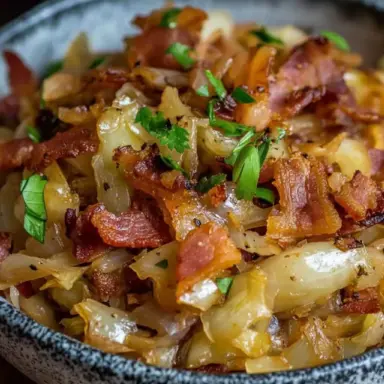 A rustic bowl filled with sautéed cabbage, crispy bacon, and onions, garnished with chopped parsley. A savory Southern comfort dish made in one skillet.