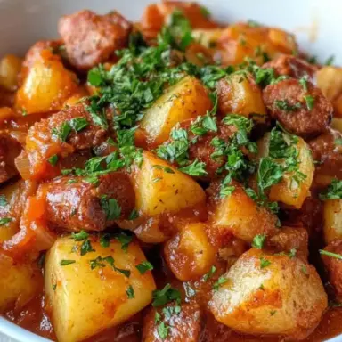 Bowl of goulash with smoked sausage and golden potatoes in a rich tomato-based sauce, garnished with fresh parsley