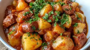 Close-up of smoked sausage and potato goulash in a tomato-based sauce, garnished with fresh chopped herbs in a white bowl