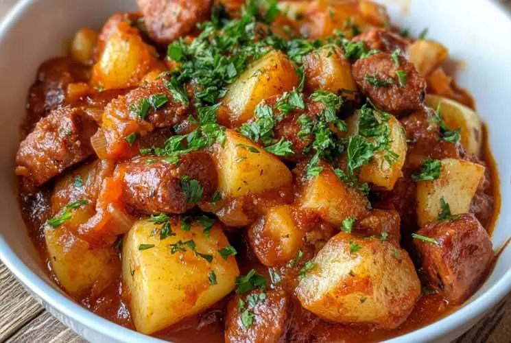 Close-up of smoked sausage and potato goulash in a tomato-based sauce, garnished with fresh chopped herbs in a white bowl
