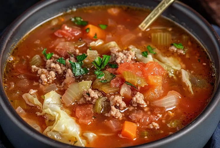 Bowl of Ground Beef Cabbage Soup with tomatoes, carrots, onions, and celery in a tomato broth, garnished with chopped parsley