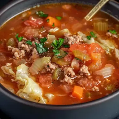 A black bowl filled with hearty Ground Beef Cabbage Soup made with tomatoes, carrots, celery, and fresh green cabbage in a rich beef broth