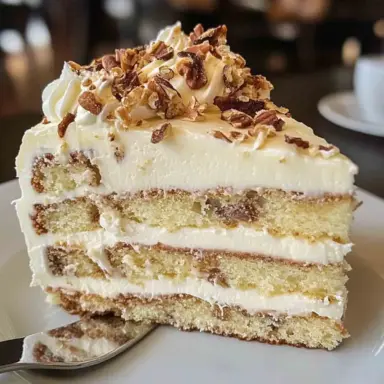 Slice of Southern Italian Cream Cake with cream cheese frosting, shredded coconut, and chopped pecans on a white plate – moist and layered dessert.