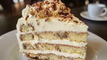 Close-up of Italian Cream Cake slice with creamy frosting, toasted pecans, and layered coconut-pecan sponge on a white plate – elegant Southern dessert.