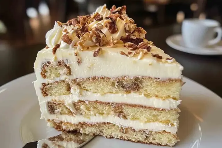 Close-up of Italian Cream Cake slice with creamy frosting, toasted pecans, and layered coconut-pecan sponge on a white plate – elegant Southern dessert.