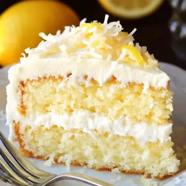 A close-up slice of moist lemon and coconut cake with creamy frosting, topped with shredded coconut and lemon zest, served on a white plate.