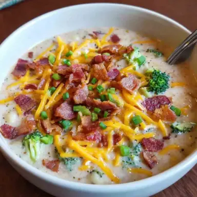 A bowl of creamy loaded broccoli potato soup topped with crispy bacon, shredded cheddar cheese, and chopped green onions.