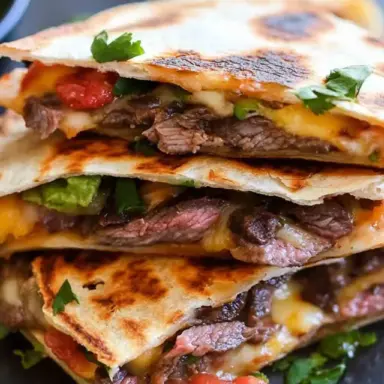 Close-up of crispy grilled steak quesadillas filled with melted cheese, sliced steak, guacamole, and salsa, stacked and garnished with fresh cilantro.