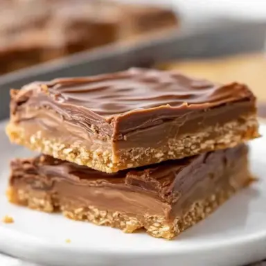 Close-up of two stacked Lunch Lady Peanut Butter Bars with a chocolate topping and oat-peanut butter base on a white plate—classic cafeteria-style dessert.